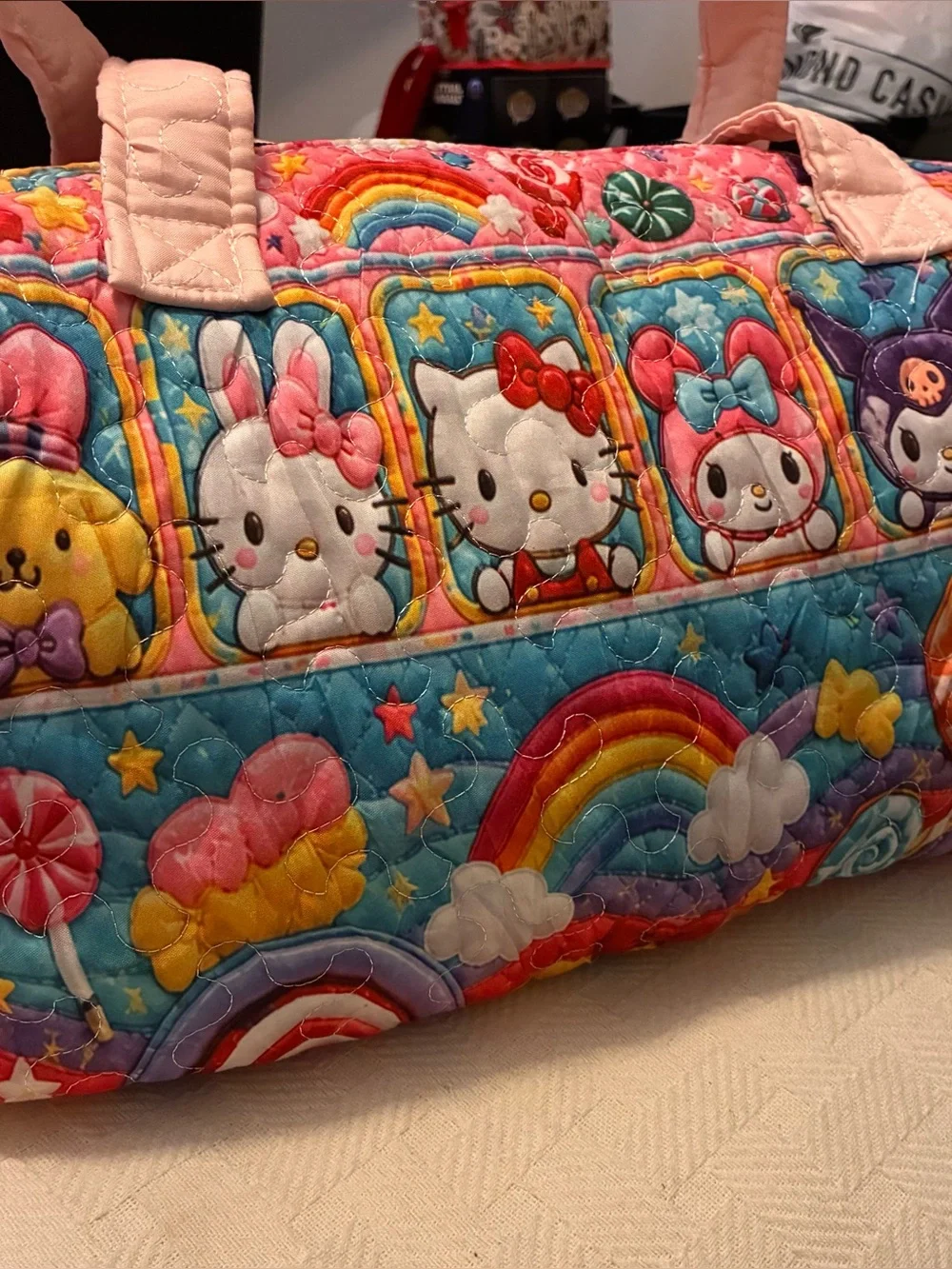 Sanrio Rainbow Hello Kitty Quilted Pink Multicolor Duffel Brand New